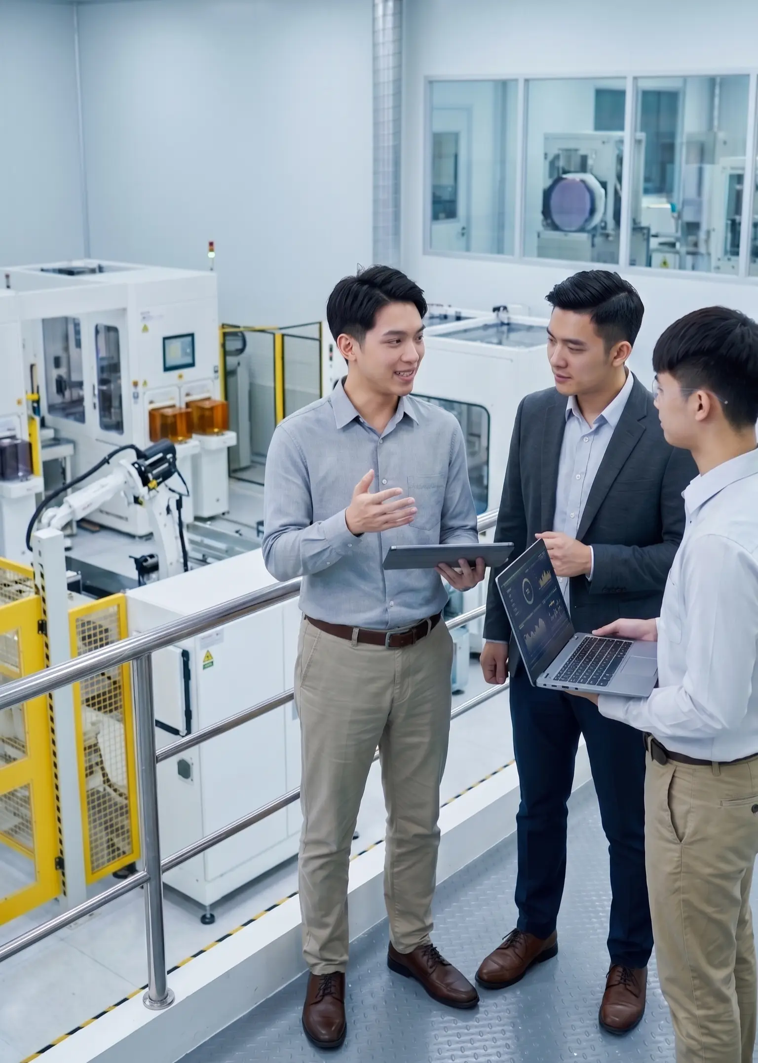 Engineers discussing in an automated factory